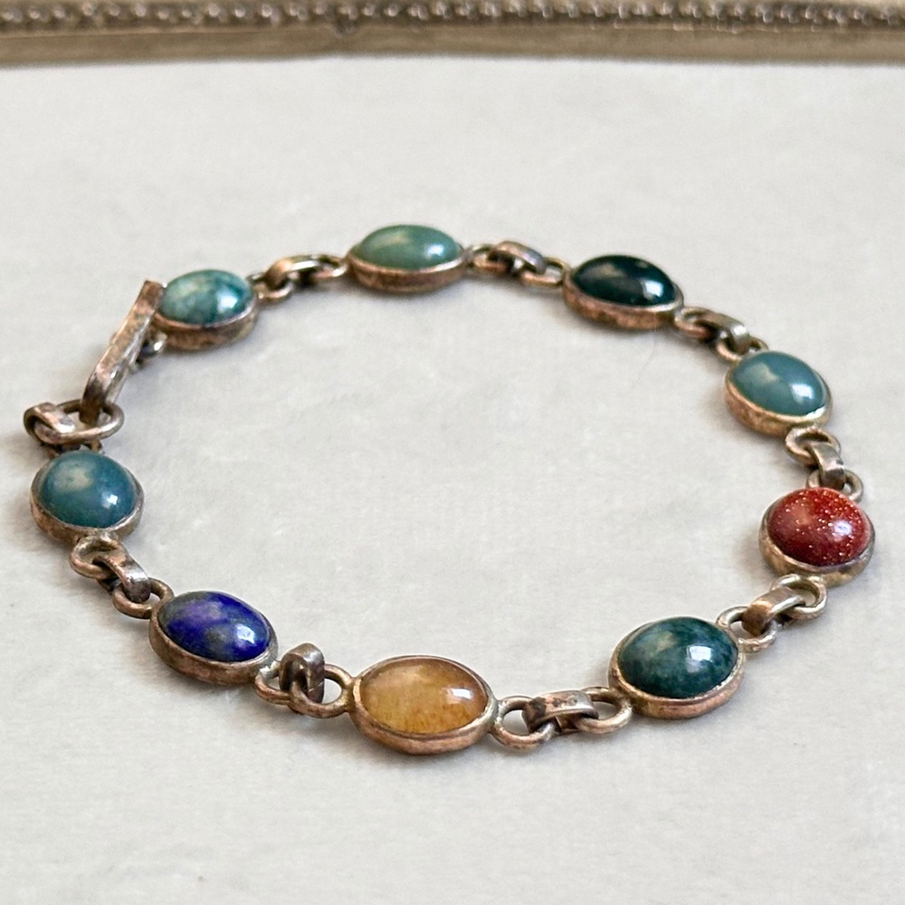 Antique Sterling Multi-Gemstone Link Bracelet - Jade, Onyx, Sunstone